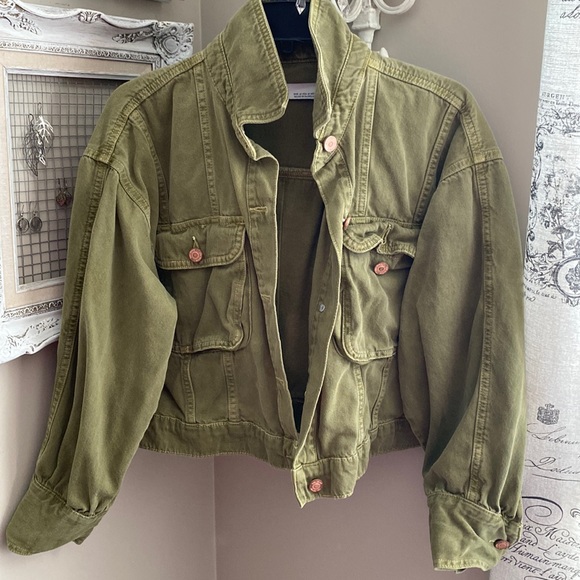 Zara Jackets & Blazers - Zara army green cropped denim bomber jean jacket